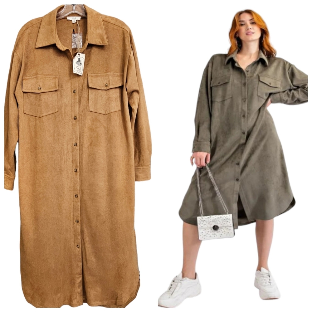 Easel Nwt Caramel Brown Faux Suede Longsleeve Collared Button Down Shirt Dress